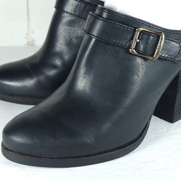 FRYE Women's Patti Slingback US8,5M Black Leather Side Buckle Heeled Mules Clogs - Picture 13 of 16